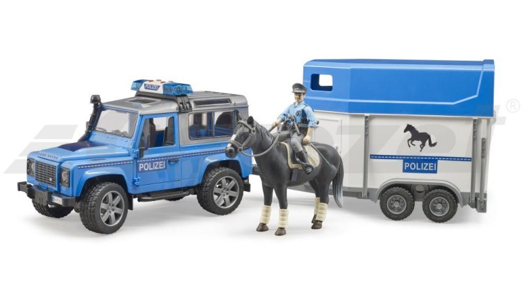 Land Rover Defender POLICIE přívěs pro koně, kůň a policista Bruder 02588