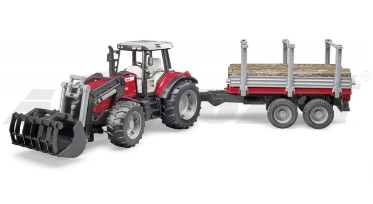 Traktor Massey Ferguson 7480 s nakladačem a přívěsem na dřevo Bruder 02046