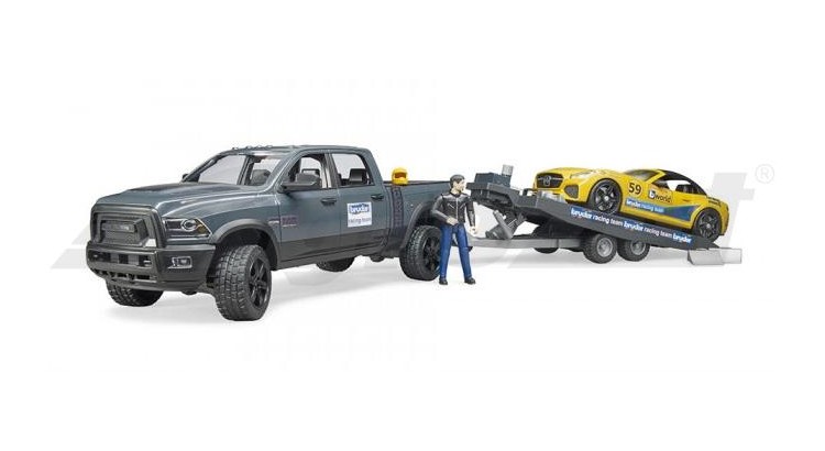 Auto terénní Ram Power Wagon s přívěsem, závodním autem a figurkou Bruder 02504