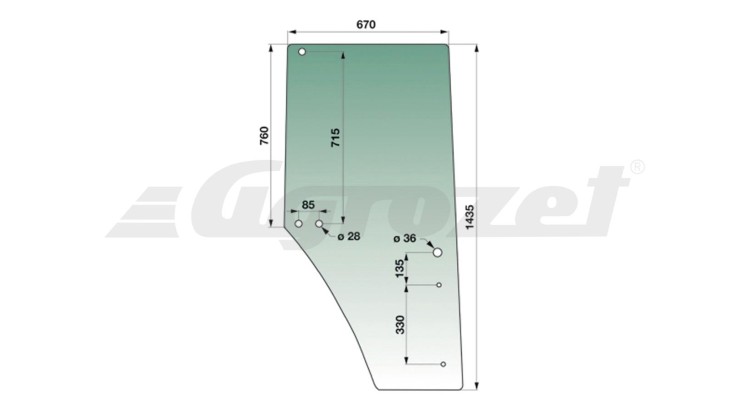 Sklo dveří pravé JD6000, 7130-7530