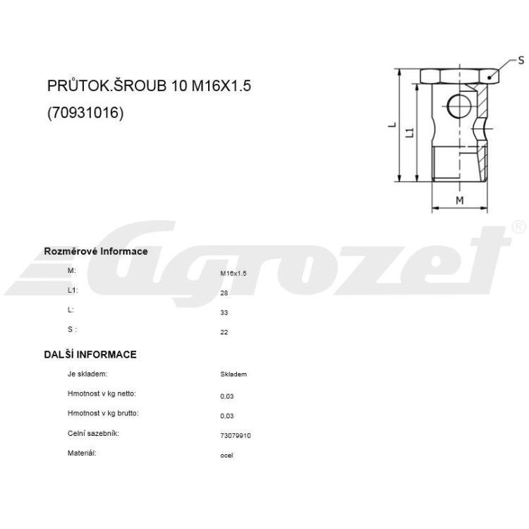 Šroub průtokový M16x1,5  otvor 11 mm