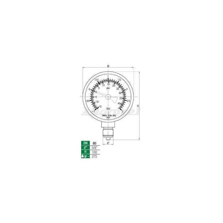 Manometr pr.80mm, -1/+3 bar, 3/8" spodní přípoj