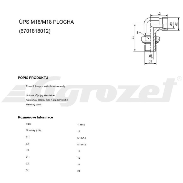 Přípojka stavitelná úhlová (vzduch) M18-18