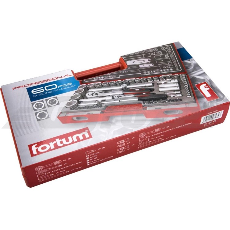 Fortum 4700011 Hlavice nástrčné, sada 60ks, 1/4", 1/2"