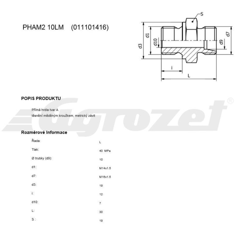 Hrdlo přímé metrický závit M14x1,5-M16x1,5 (DIN 3901)