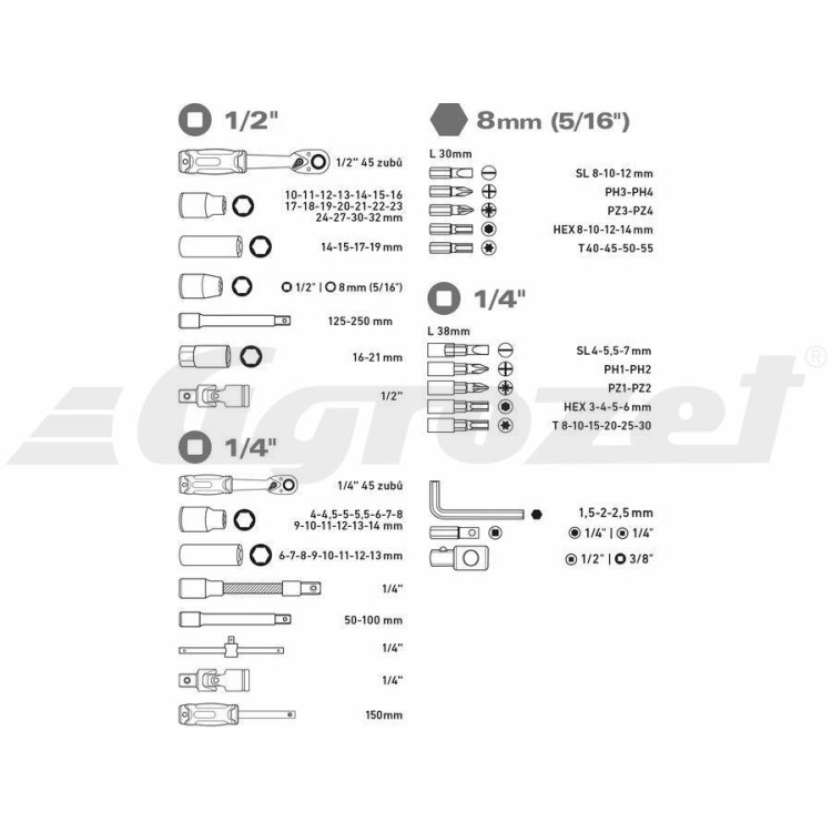 EXTOL 8818337 Hlavice nástrčné, sada 94ks, 1/4", 1/2", CrV/S2