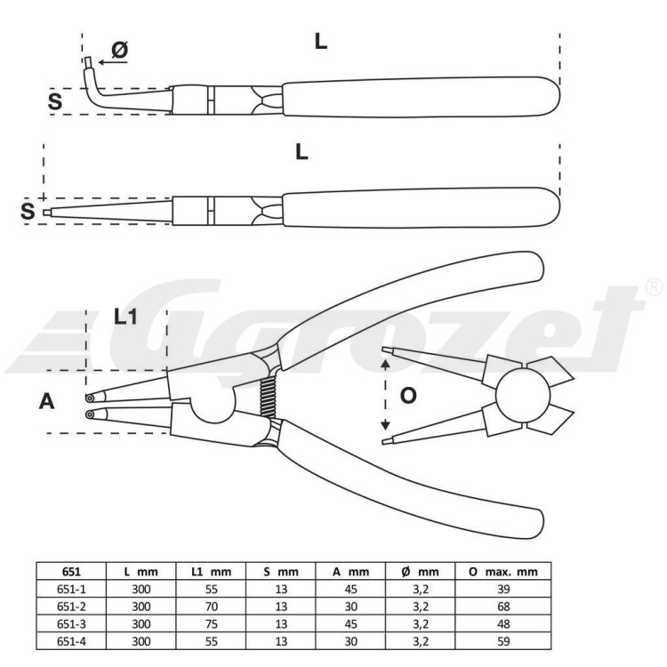 BGS Technik BGS100651 Kleště 300 mm na vnitřní/vnější rozpěrné kroužky, 4ks