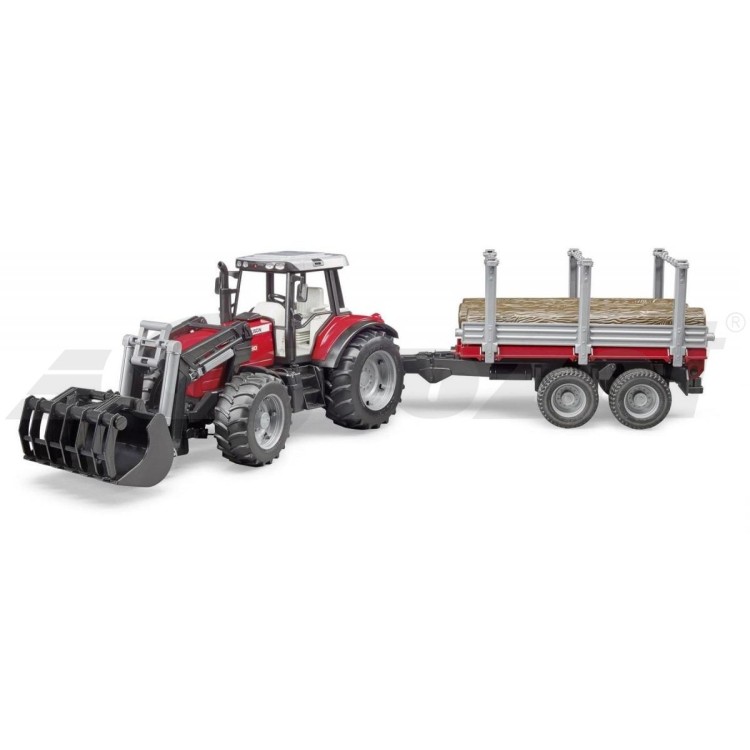 Traktor Massey Ferguson 7480 s nakladačem a přívěsem na dřevo Bruder 02046