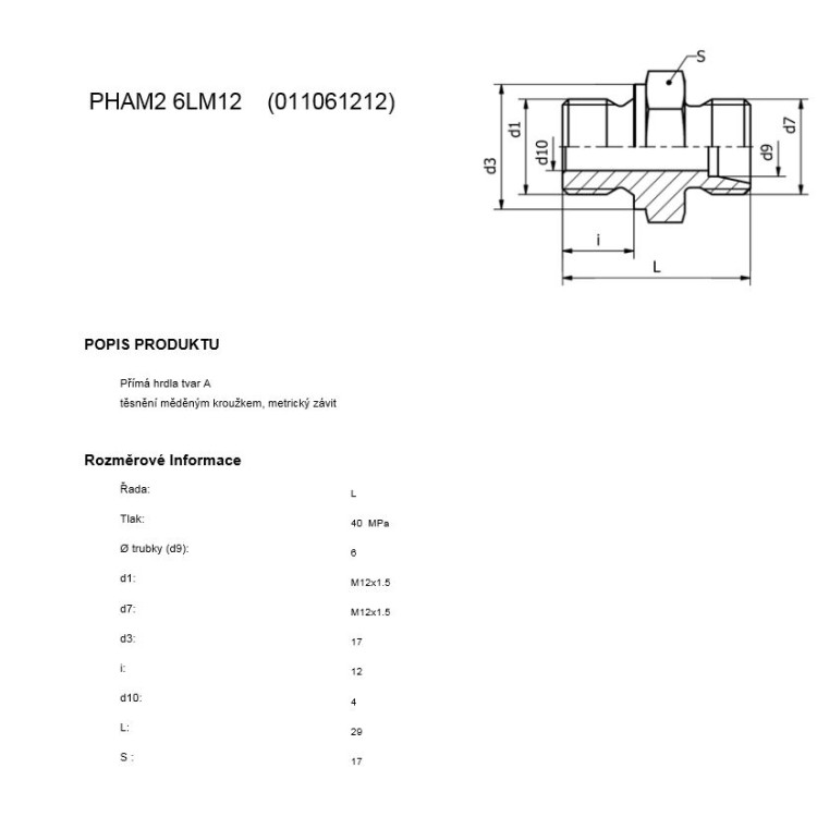 Hrdlo přímé metrický závit M12x1,5-M12x1,5 (DIN 3901)