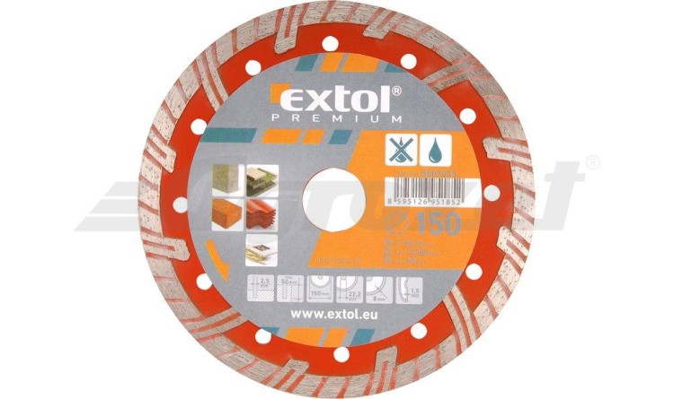 EXTOL Kotouč diamantový řezný TURBOPLUS - suché i mokré řezání, 150x22,2mm