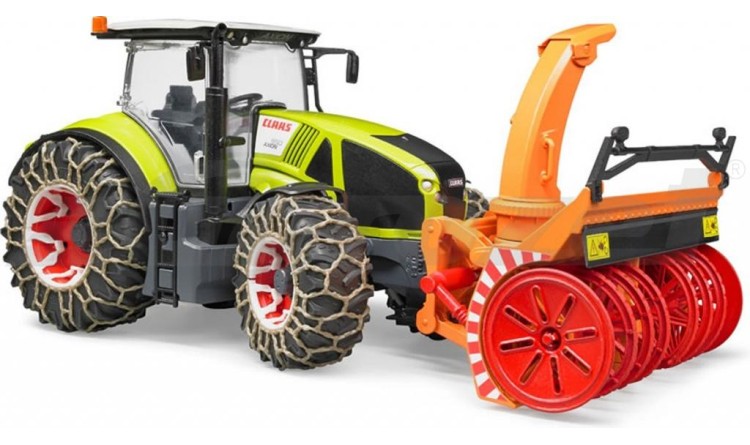 Traktor Claas Axion 950 se sněhovými řetězy a frézou Bruder 03017