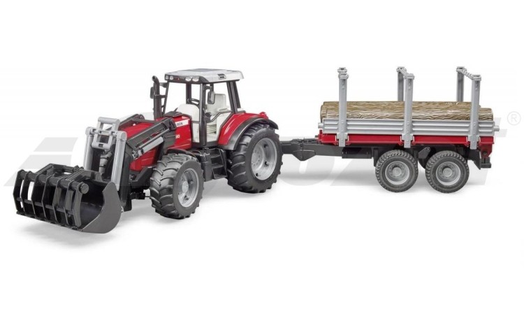 Traktor Massey Ferguson 7480 s nakladačem a přívěsem na dřevo Bruder 02046